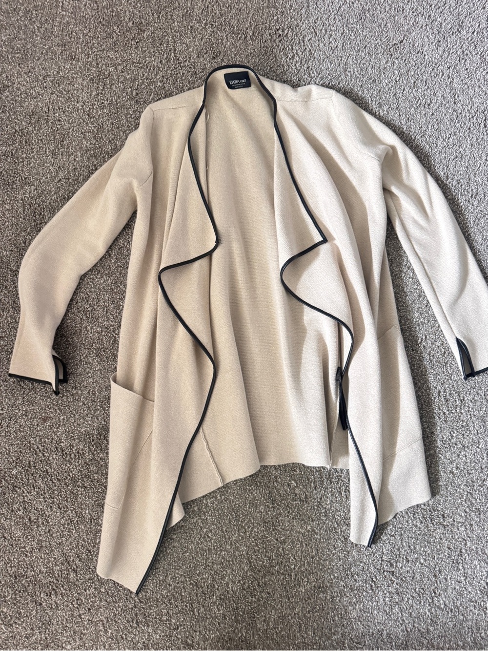 Zara Cream Draped Open-Front Cardigan with Black Trim